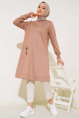 Cep Arma Detaylı Basic Tunik Bej - Thumbnail