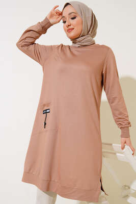 Cep Arma Detaylı Basic Tunik Bej - Thumbnail