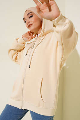 Cepli Kapüşonlu Üç İplik Hırka Bej - Thumbnail