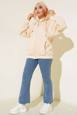 Cepli Kapüşonlu Üç İplik Hırka Bej - Thumbnail