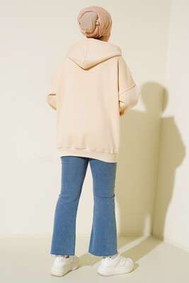 Cepli Kapüşonlu Üç İplik Hırka Bej - Thumbnail