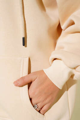 Cepli Kapüşonlu Üç İplik Hırka Bej - Thumbnail