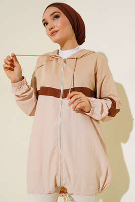 Kapüşonlu Garnili Hırka Bej - Thumbnail