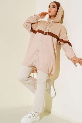 Kapüşonlu Garnili Hırka Bej - Thumbnail