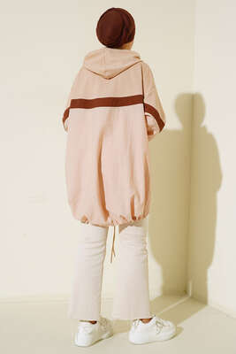 Kapüşonlu Garnili Hırka Bej - Thumbnail