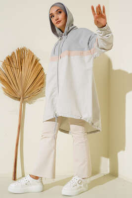 Kapüşonlu Garnili Hırka Gri - Thumbnail