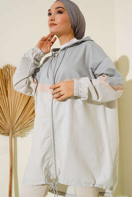 Kapüşonlu Garnili Hırka Gri - Thumbnail