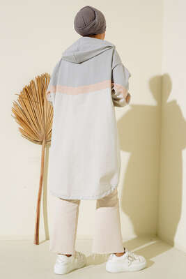 Kapüşonlu Garnili Hırka Gri - Thumbnail