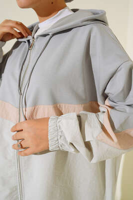 Kapüşonlu Garnili Hırka Gri - Thumbnail