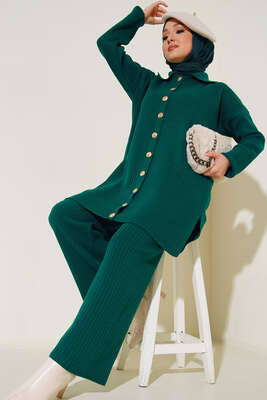 Boydan Düğmeli Fitilli İkili Takım Zümrüt Yeşili - Thumbnail