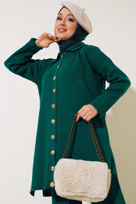 Boydan Düğmeli Fitilli İkili Takım Zümrüt Yeşili - Thumbnail