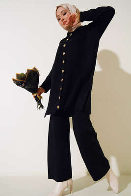 Boydan Düğmeli Fitilli İkili Takım Siyah - Thumbnail