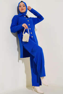 Boydan Düğmeli Fitilli İkili Takım Saks - Thumbnail