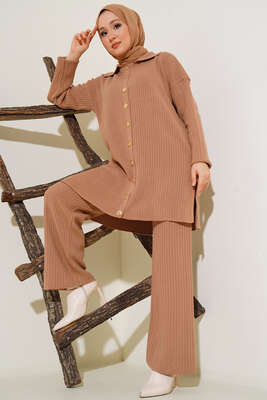 Boydan Düğmeli Fitilli İkili Takım Latte - Thumbnail