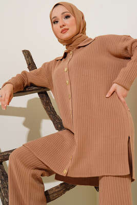 Boydan Düğmeli Fitilli İkili Takım Latte - Thumbnail