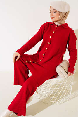 Boydan Düğmeli Fitilli İkili Takım Kırmızı - Thumbnail