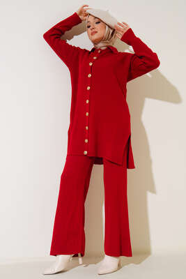 Boydan Düğmeli Fitilli İkili Takım Kırmızı - Thumbnail