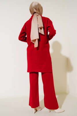 Boydan Düğmeli Fitilli İkili Takım Kırmızı - Thumbnail