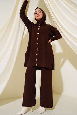 Boydan Düğmeli Fitilli İkili Takım Kahve - Thumbnail