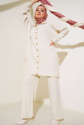 Boydan Düğmeli Fitilli İkili Takım Bej - Thumbnail