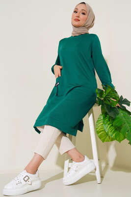 Cep Arma Detaylı Basic Tunik Yeşil - Thumbnail