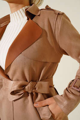 Kuşaklı Uzun Süet Trençkot Camel - Thumbnail