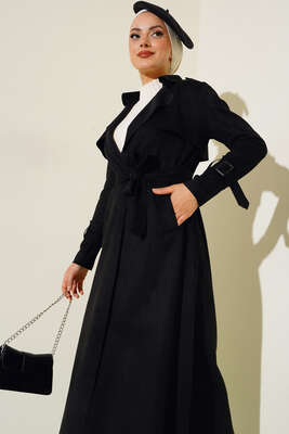 Pazarium - Kuşaklı Uzun Süet Trençkot Siyah