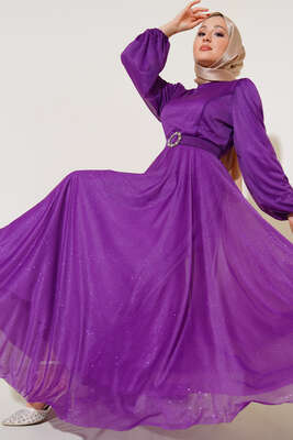 Simli Kemerli Abiye Elbise Mor - Thumbnail