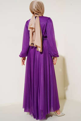 Simli Kemerli Abiye Elbise Mor - Thumbnail