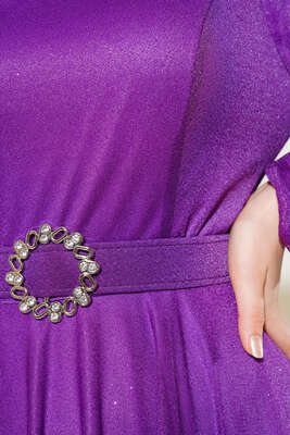 Simli Kemerli Abiye Elbise Mor - Thumbnail