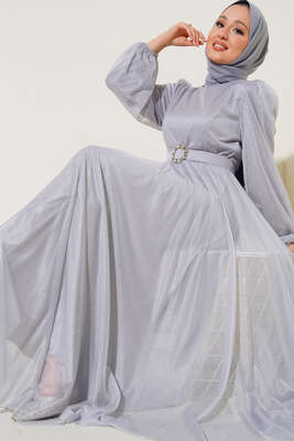 Simli Kemerli Abiye Elbise Gri - Thumbnail