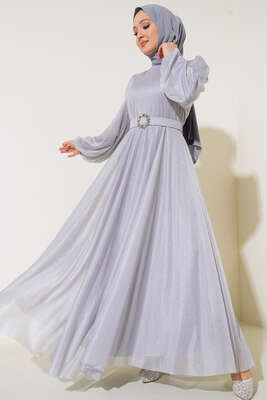 Simli Kemerli Abiye Elbise Gri - Thumbnail