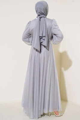 Simli Kemerli Abiye Elbise Gri - Thumbnail