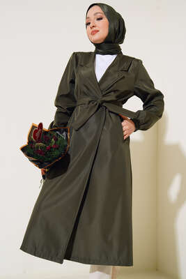 Pazarium - Düğmesiz Model Kuşaklı Trençkot Haki 