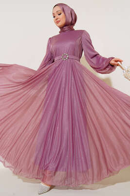 Simli Kemerli Abiye Elbise Pudra - Thumbnail