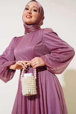 Simli Kemerli Abiye Elbise Pudra - Thumbnail