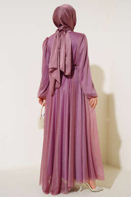 Simli Kemerli Abiye Elbise Pudra - Thumbnail