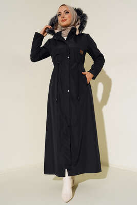 Armalı İçi Kürklü Uzun Mont Siyah - Thumbnail