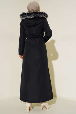 Armalı İçi Kürklü Uzun Mont Siyah - Thumbnail