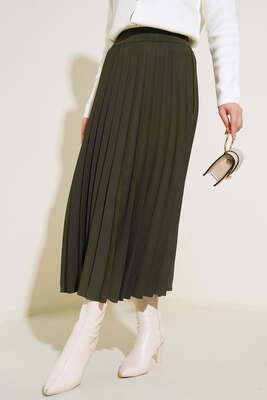 Pazarium - Beli Lastikli Pileli Etek Haki 