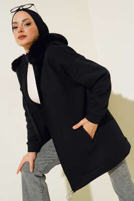 Kapüşonu Kürklü Hırka Siyah - Thumbnail