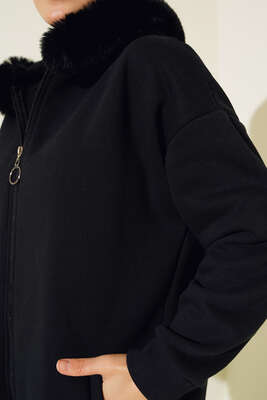 Kapüşonu Kürklü Hırka Siyah - Thumbnail