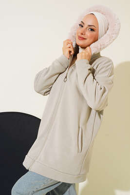 Kapüşonu Kürklü Hırka Taş - Thumbnail