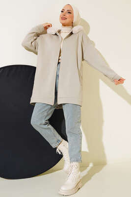 Kapüşonu Kürklü Hırka Taş - Thumbnail