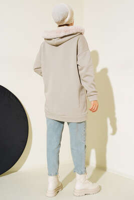 Kapüşonu Kürklü Hırka Taş - Thumbnail