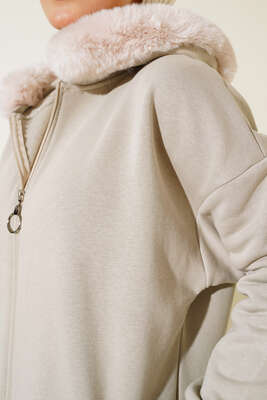 Kapüşonu Kürklü Hırka Taş - Thumbnail