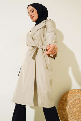 Bileği Lastikli Şal Yaka Trençkot Taş - Thumbnail