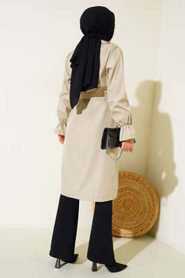 Bileği Lastikli Şal Yaka Trençkot Taş - Thumbnail