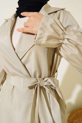 Bileği Lastikli Şal Yaka Trençkot Taş - Thumbnail