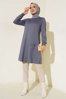 Düğme Detay Uzun Basic Tunik Gri - Thumbnail